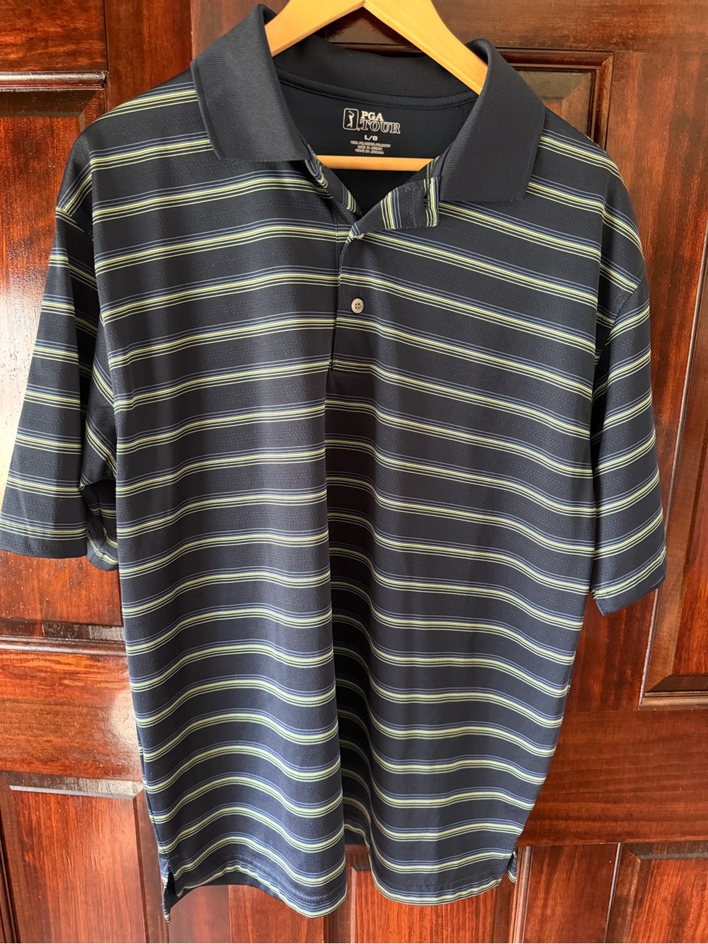 PGA TOUR Navy Polo with Light Green and Light Blue Stripes